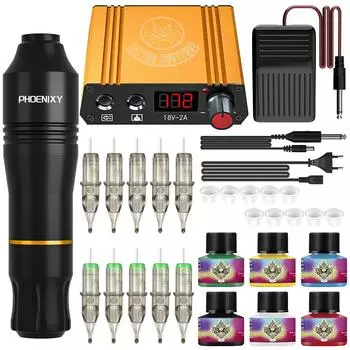 Набор для татуировки PHOENIXY, роторная машина, ручка, чернила для татуировки, светодиодный блок питания, ножная педаль, принадлежности для боди-арта, набор инструментов