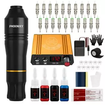 Набор для татуировки PHOENIXY, тату-пулемет, роторный двигатель, иглы для татуировки, источник питания 4pcs