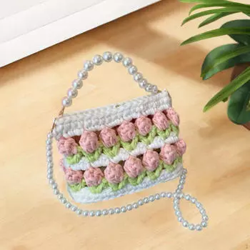 Набор для вязания крючком сумки-цветка ручной работы 7.09x2.76x5.12 Crossbody для девочек, праздничный White Green Pink