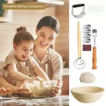 Набор для выпечки хлеба на закваске из 12 предметов, круглая корзина для расстойки Banneton с льняной подкладкой, скребки для теста Lame, набор для взбивания, принадлежности для выпечки бежевый