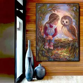 Набор для вышивки крестом DIY Алмазная вышивка Девушка и Сова Полный круглый алмазная живопись Мозаика Домашний декор 20X30CM