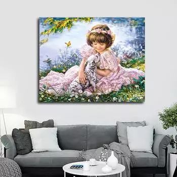 Набор для вышивки крестом DIY Алмазная вышивка Девушка и собака Полный круглый алмазная живопись Мозаика Домашний декор 20X30CM