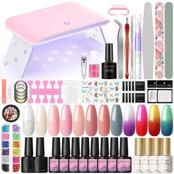 Набор гель-лаков COSCELIA, 12 шт., блестящий лак для ногтей, изменяющий температуру гель-лака и базовое верхнее покрытие, наклейки для дизайна ногтей, дизайн маникюра, УФ-светодиодная лампа