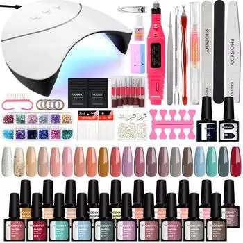 Набор гель-лаков для ногтей PHOENIXY, 20 цветов, лак для ногтей с лампой 36 Вт, набор аксессуаров для маникюра, базовое верхнее покрытие, набор для маникюрного салона