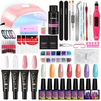 Набор гелей для ногтей PHOENIXY с лампой для ногтей мощностью 54 Вт. Акриловый полигель. Чистый полуперманентный лак для ногтей для дизайна ногтей. Смачиваемый УФ-светодиодный гель.