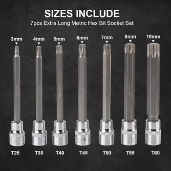 Набор головок Torx Star 3/8 дюйма, удлиненный, размер T25, T30, T40, T45, T50, T55, T60, 7 шт., хром-ванадиевая сталь