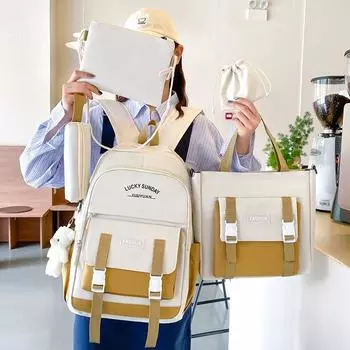 Набор холщовых рюкзаков из 5 предметов. Стильная школьная сумка большой вместимости, включая рюкзак, большую сумку, пенал, сумку для аксессуаров и квадратную сумку на плечо. 45x13x31cm белый