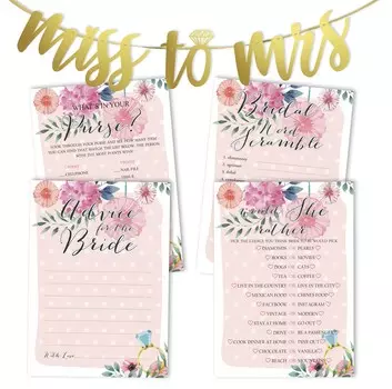 Набор игр для девичника Inkdotpot, цветочный набор из 4 шт.(50 листов каждый) w От мисс до миссис Голд Баннер Веселые игры для свадебного душа 5 x 7 Inches персиковый