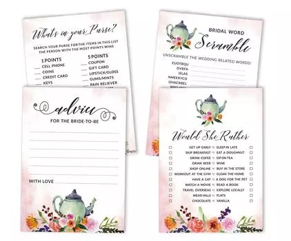 Набор игр для девичника Inkdotpot из 4 штук(50 листов каждый) w Мисс и миссис Золотое знамя Чайная вечеринка Веселые игры для новобрачных 5 x 7 Inches белый