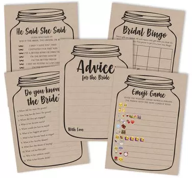 Набор игр для девичника Inkdotpot, комплект из 5 штук (Мероприятия для 50 гостей) Веселые игры для девичника в деревенском стиле из крафт-банки Mason 5 x 7 Inches бежевый