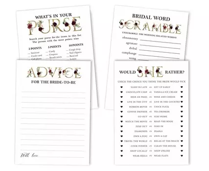 Набор игр для свадебного душа Inkdotpot из 4 предметов(50 листов каждый) w Miss to Mrs Gold Banner Цветочный игровой набор для девичника 5 x 7 Inches белый