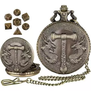Набор игральных костей Hammerforge Dragon DND 2025 года, 7 мини-металлических игральных костей с корпусом карманных часов, портативные игральные кости D&D с ожерельем для подарков в РПГ чёрный