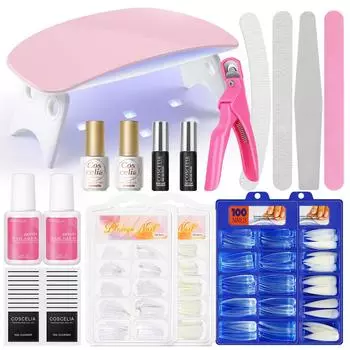 Набор инструментов для дизайна ногтей COSCELIA, лампа для ногтей и 400 шт., накладные кончики ногтей, базовое верхнее покрытие с клеем для ногтей, дизайн ногтей DIY