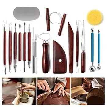 Набор инструментов для лепки из глины, 18 предметов, инструмент для резьбы по керамике с деревянными ручками, двухсторонние инструменты для резьбы по глине с сумкой для инструментов для любителей керамики 18pcs