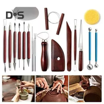Набор инструментов для лепки из глины, 18 предметов, инструмент для резьбы по керамике с деревянными ручками, двухсторонние инструменты для резьбы по глине с сумкой для инструментов для любителей керамики 18pcs