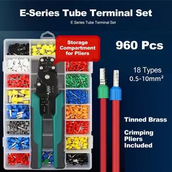 Набор инструментов для обжима, включая 18 типов 960 шт. изолированных саморегулирующихся наконечников для проводов разноцветный