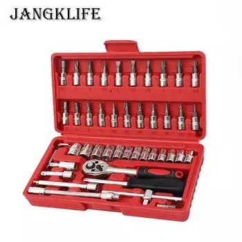 Набор инструментов для ремонта автомобиля из 46 предметов, гаечный ключ с храповым механизмом, динамометрический ключ, отвертка, набор торцевых головок, комбинированный набор инструментов, инструмент для ремонта автомобиля, велосипеда, мех 46Pcs красный