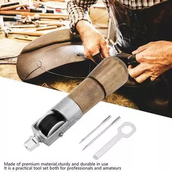 Набор инструментов для шитья кожи, шило с автоматическим замком, гаечный ключ, 2 иглы, черная нить 1 Kit