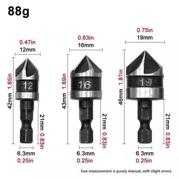 Набор инструментов для снятия фаски из 3 предметов с шестигранным хвостовиком 90 градусов, черного цвета, с пятью лезвиями, 12/16/19 мм, зенковочное сверло, открывалка для деревообработки Hexagonal
