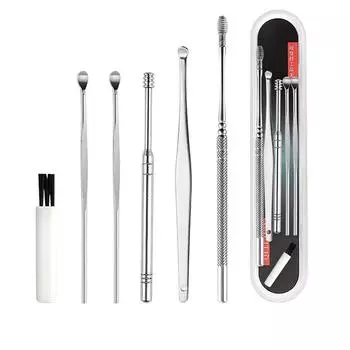 Набор инструментов для удаления ушной серы Набор инструментов для чистки ушей из нержавеющей стали с щеточкой для чистки 6