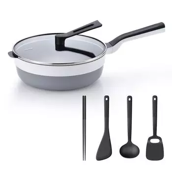 Набор инструментов Remy Pan Plus из 4 сковородок глубиной 24 см с крышкой, совместимых с IH и Gas Gift от Remi (белый) Пожары, длительные [Под надзором Хирано] белый
