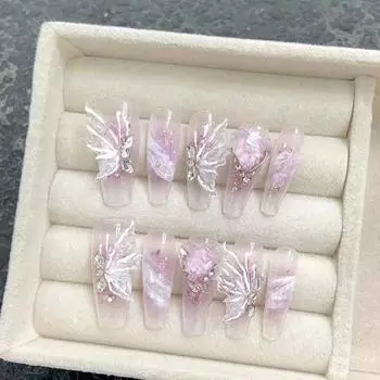 Набор искусственных ногтей ручной работы, длинные/миндальные феи, ледяные кристаллы, бабочки, набор накладных ногтей с клеем, многоразовый и съемный пресс для ногтей XS миндальный