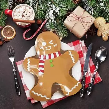 Набор из 10 бумажных тарелок в форме пряничного человечка, одноразовые тарелки, идеально подходящие для празднования Рождества и Дня благодарения