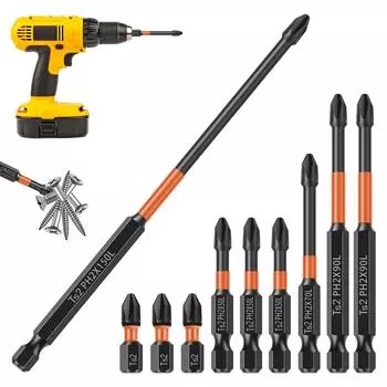 Набор из 10 крестовых отверток с противоскользящей магнитной головкой, ударная дрель, винт из легированной стали, шестигранный хвостовик 1/4 дюйма, отвертка