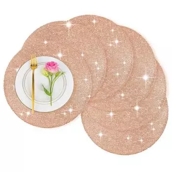 Набор из 10 моющихся термостойких салфеток под приборы, круглый нескользящий коврик под обеденный стол, плетеный коврик под обеденный стол из ПВХ, золотисто-розовый 15 inch золотой