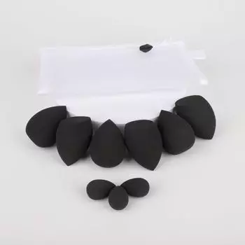 Набор из 10 спонжей для макияжа с дышащим мешочком, включает в себя 6 косметических яиц и 3 мини-косметических яйца. Влажные косметические яйца можно сушить в мешочке.