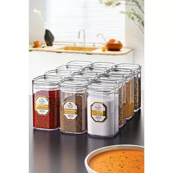 Набор из 12 акриловых вакуумных квадратных баночек для специй Passion Home с золотой маркировкой, 250 мл — набор баночек для специй с герметичной крышкой