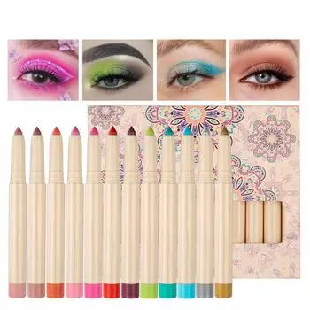 Набор из 12-цветных теней для век, двухсторонние, с точилкой, водостойкие и гипоаллергенные, стойкие тени для век, кремовые тени для век с высоким блеском One Size