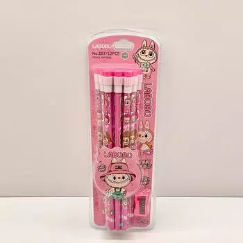 Набор из 12 мультяшных карандашей Labubu с ластиком и точилкой для карандашей, студенческие карандаши для письма и рисования, студенческие канцелярские товары, школьные принадлежности