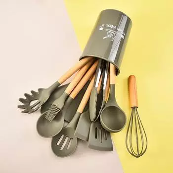 Набор из 12 предметов силиконовой посуды с антипригарным покрытием, деревянная ручка, лопатка, венчики для взбивания яиц, кухонные принадлежности, кухонные принадлежности Silicone Kitchenware Set