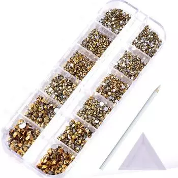 Набор из 12 сеток, стеклянный плоский бриллиант, стразы, украшения для нейл-арта, смешанные аксессуары для самостоятельного изготовления бриллиантов, бесплатная алмазная ручка, треугольный диск. Nail Art 12-grid box, about 2100 pcs/box