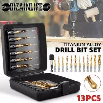Набор из 13 сверл-метчиков 3 в 1 с титановым покрытием, инструмент для сверления, нарезания резьбы, с быстросменным адаптером, SAE/метрический чёрный