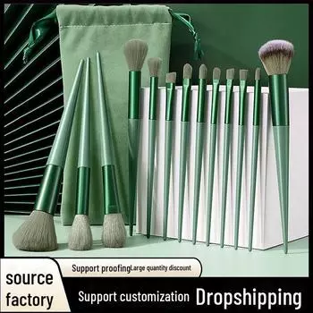 Набор из 13 зеленых кистей для макияжа: Мягкие тени для век, рассыпчатая пудра, румяна, консилер и портативные кисти для всех сезонов.