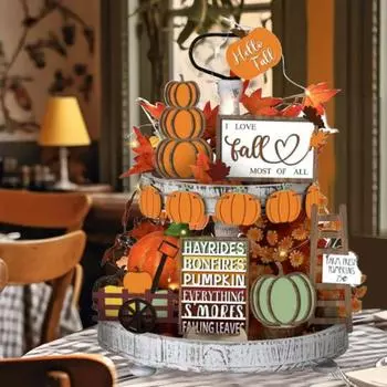 Набор из 14 осенних многоярусных украшений для подносов, деревянные тыквы, кленовые листья, украшение со светодиодной гирляндой, деревянный знак для дома на День благодарения A