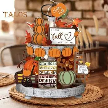 Набор из 14 осенних многоярусных украшений для подносов, деревянные тыквы, кленовые листья, украшение со светодиодной гирляндой, деревянная табличка на День благодарения для домашнего стола A