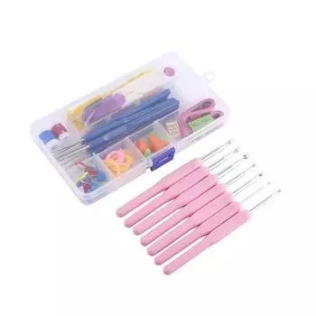 Набор из 16 крючков для вязания с мягкой ручкой и спицами в футляре(Светло-розовый) розовый