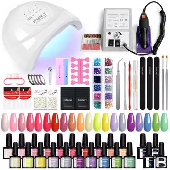 Набор из 20 гель-лаков PHOENIXY с УФ-лампой для ногтей, машинкой для сверления, верхним слоем, полуперманентным лаком, инструментами для украшения, маникюрным набором 36W