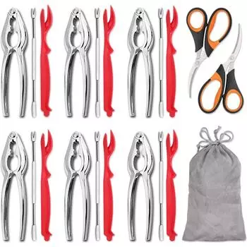 Набор из 20 инструментов для разделки морепродуктов, включающий 6 крабовых крекеров, 6 ножей для лобстеров, 6 вилок/пилок для крабовых ножек, 2 ножницы для морепродуктов и сумку для хранения.