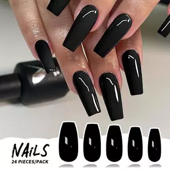 Набор из 24 глянцевых черных накладных ногтей «Балерина» — удлиненная форма гроба, полное покрытие, однотонный цвет с желеобразным клеем и пилочкой для ногтей в комплекте Ylw450