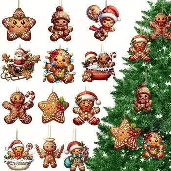 Набор из 24 рождественских украшений 2D Пряничные человечки Деревянные украшения для елки, Праздничные подвесные шармы с подарочными бирками для праздничной атмосферы, Для Рождества, 24pcs