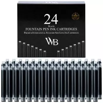Набор из 24 стержней для перьевых ручек Wordsworth Black, 24 черных картриджа, международный стандартный размер, длина APPR, диаметр основания APPR, одноразовые чёрный