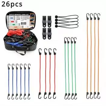 Набор из 26 эластичных веревок премиум-качества с крючками. Набор багажных веревок. Набор стяжных ремней. Шаровая веревка для палатки. 26pcs