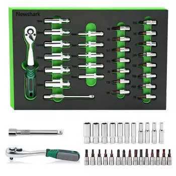Набор из 29 торцевых ключей с трещоткой NewShark, набор торцевых ключей 4-14 мм с трещоткой, метрическая отделка, органайзер для инструментов из вспененного ЭВА
