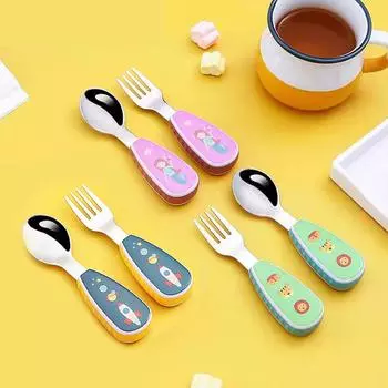 Набор из 2 ложек и вилок с героями мультфильмов «Лев, ракета, единорог», столовые приборы из нержавеющей стали 304, прочные и долговечные львиный