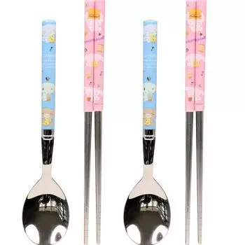 Набор из 2 ложек Lilpang Cinnamoroll Vacuum Stainless Steel Junior Simple, разноцветные, 2 ложки + 2 палочки для еды, популярная корейская столовая посуда