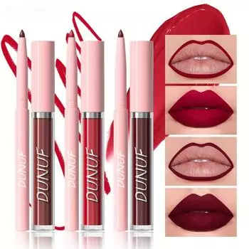 Набор из 2 матовых блесков для губ и карандаша для губ, водостойкая потовая помада, стойкая, универсальная, совместимая с кожей, красный оттенок, кремовая текстура 01